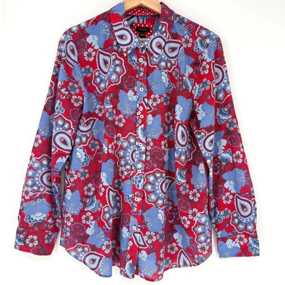 Talbots Red Blue Handkerchief Americana Cotton Button Down Shirt Long Sleeve L